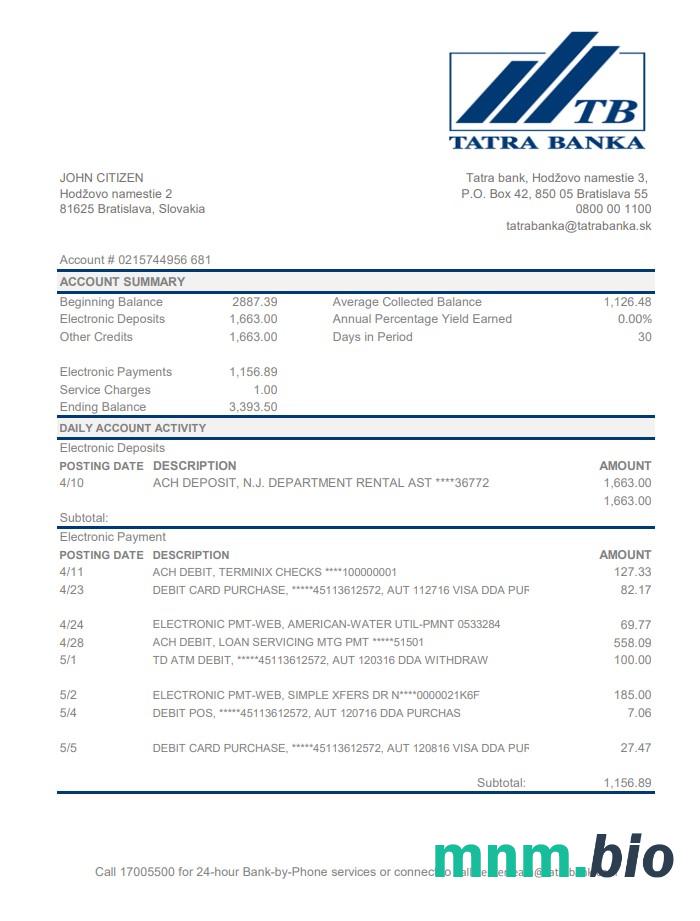 Slovakia Raiffeisen wzór wyciągu bankowego w formacie Word i PDF